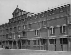 Exterior view of Celtic Park, home of Glasgow Celtic football club in Parkhead. May 1962.